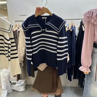 Striped Buckled Sweater with Collar