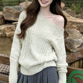 Off-Shoulder Cable Knit Sweater with Solid Pattern