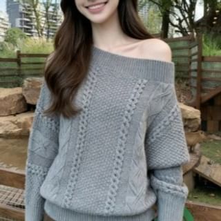 Off-Shoulder Cable Knit Sweater with Solid Pattern