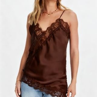 Asymmetrical Camisole with Lace Trim and V-Neck