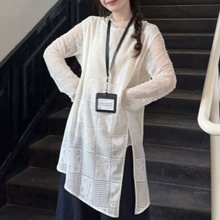 Sheer Mock Neck Long Sleeve Top with Slit Vest