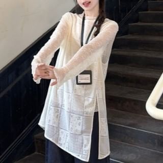 Sheer Mock Neck Long Sleeve Top with Slit Vest