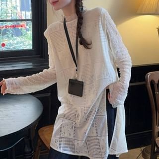 Sheer Mock Neck Long Sleeve Top with Slit Vest