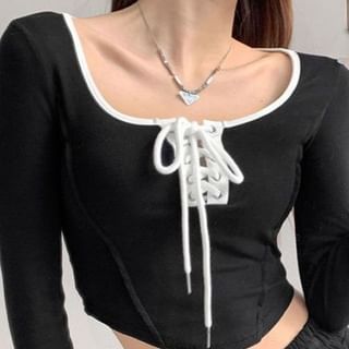 Scoop Neck Asymmetrical Cropped Tee with Lace-Up Trim