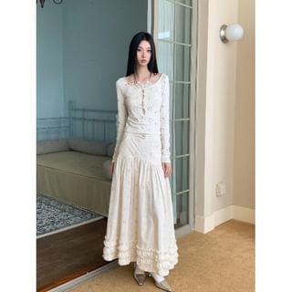 Lace Top and High Waist A-Line Maxi Skirt Set