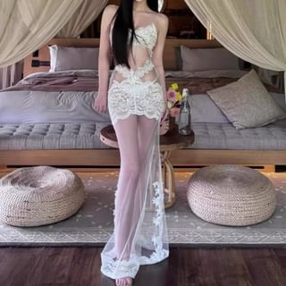 Halter Bikini Set with Lace Trim Mesh Mermaid Dress