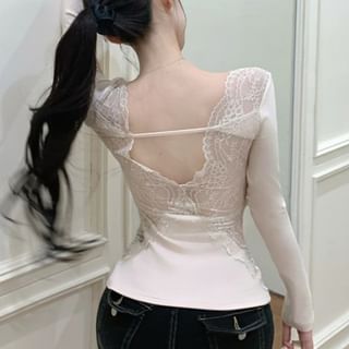 Long-Sleeve Plain Lace Panel Top
