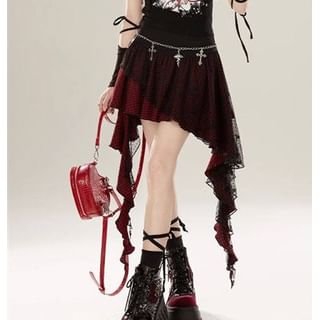 High Rise Tartan Check A-Line Mini Skirt with Lace Panel
