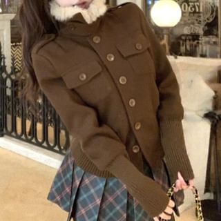 Mock Neck Button-Up Crop Jacket and Tartan Pleated Mini Skirt