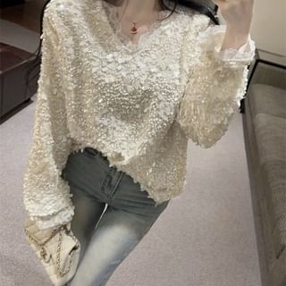Sequin Fringe Lace V-Neck Long Sleeve Blouse