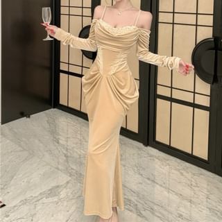 Long-Sleeve Cold Shoulder Sequin Panel Ruched Velvet Maxi Mermaid Dress