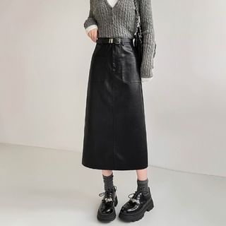 Faux Leather Midi Skirt with Belt