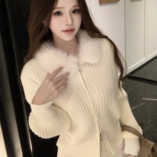 Faux Fur Collar Plain Ribbed Zip Cardigan