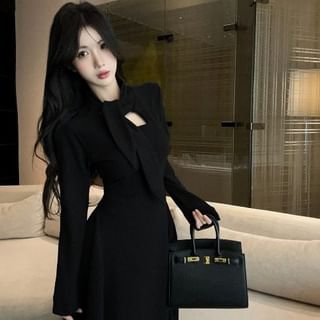 Long Sleeve Tie-Neck Plain Cutout Maxi A-Line Dress