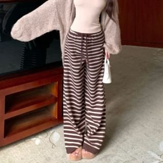 Plain Long Cardigan / Scoop Neck Camisole Top / Drawstring Waist Striped Wide Leg Pants