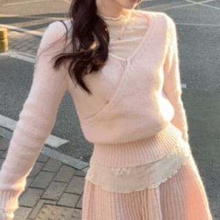 Wrap Sweater, Ribbed Knit Skirt & Lace Top Set