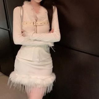 Long-Sleeve V-Neck Fluffy Trim Belted Hook And Eye Slit Top / High Waist Mini Pencil Skirt