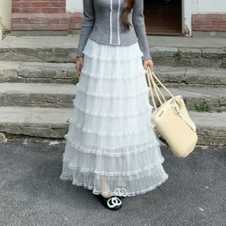 High Waist Plain Lace Trim Maxi A-Line Skirt