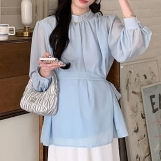 Maternity Tie-Waist Blouse with Stand Collar & A-Line Skirt Set