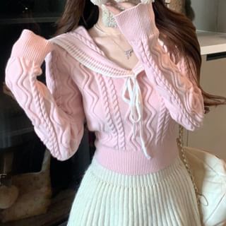 Collared Contrast Trim Cable Knit Pullover