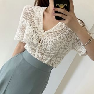 Crochet Lace Short-Sleeve Button-Up Top