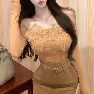 Off-Shoulder Lace Trim Top and Belted Pencil Skirt