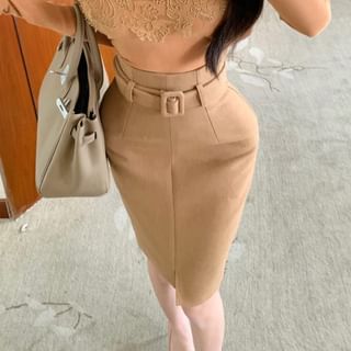 Off-Shoulder Lace Trim Top and Belted Pencil Skirt