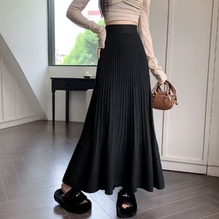 Accordion Pleated Midi Knit Skirt with High Waist