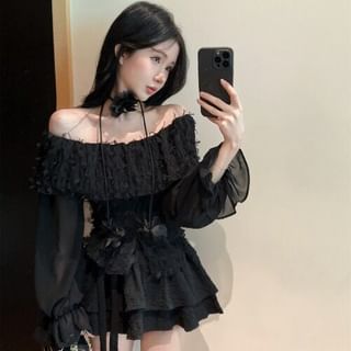 Long Sleeve Off Shoulder Lace Top & Mini Tiered Skirt