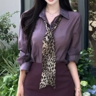 Long-Sleeve Shirt and Mini Pencil Skirt with Leopard Scarf Set