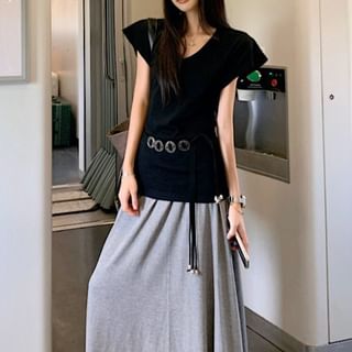 Cap-Sleeve V-Neck Top with Belt and Maxi Skirt Set