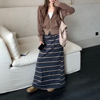 Zip-Up Hoodie and Striped Maxi A-Line Skirt Set