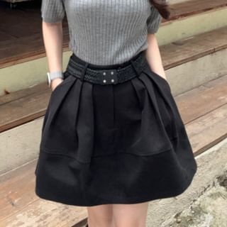 Mock Neck Ribbed Knit Top & Pleated Mini Skirt Set