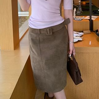 Belted Midi Straight Skirt Mid-Rise