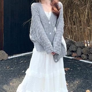 Cardigan & Lace Trim Tiered Maxi Skirt Set