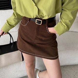 Contrast Stitch Corduroy Mini Skirt Mid-Rise