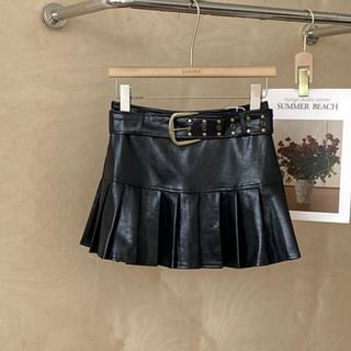 Faux Leather Pleated Mini Skirt Set with Belt