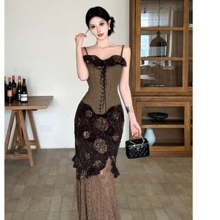 Lace-Up Ruffled Camisole and Mermaid Skirt Set - Altfashion Shop