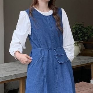 Denim Overall Dress with Blouse and Crossbody Bag Set