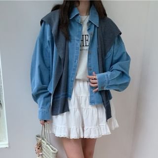 Washed Denim Shirt with Striped Scarf Set