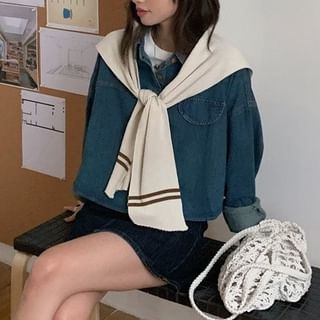 Washed Denim Shirt with Striped Scarf Set