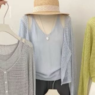 Set: V-Neck Perforated Button-Up Plain Crop Cardigan + Camisole Top