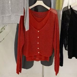Set: V-Neck Perforated Button-Up Plain Crop Cardigan + Camisole Top