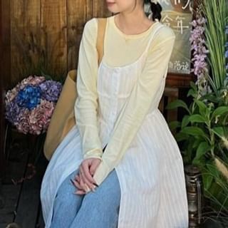 Spaghetti Strap Plain A-Line Dress / Long-Sleeve Crewneck T-Shirt