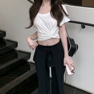 Ruched Crop Top and Flared Pants Two-Piece