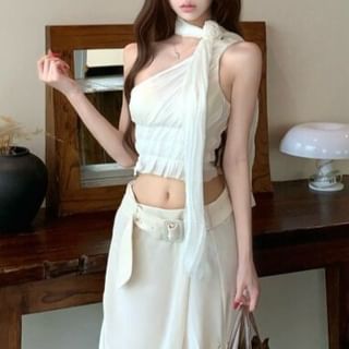 One-Shoulder Ruched Crop Top with Belted Maxi Skirt