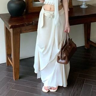 One-Shoulder Ruched Crop Top with Belted Maxi Skirt