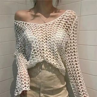 V-Neck Long Sleeve Crochet Knit Top in Solid