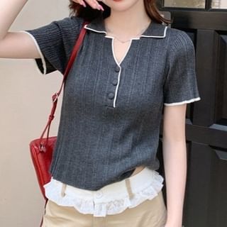 Contrast-Trim Henley V-Neck Short-Sleeve Knit