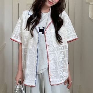 Short-Sleeve Contrast Stitching Lace Shirt